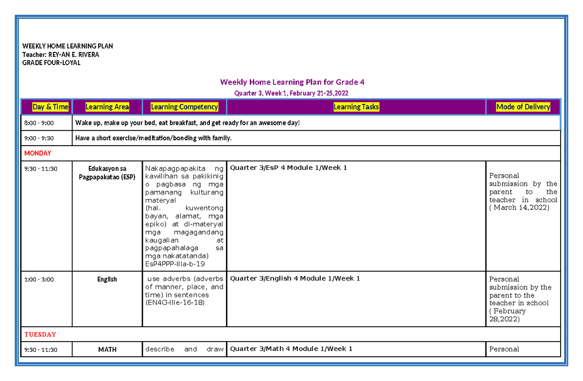 Grade 4 Weekly Home Learning Plan (WHLP) - Quarter 3, Week 1 - Studocu