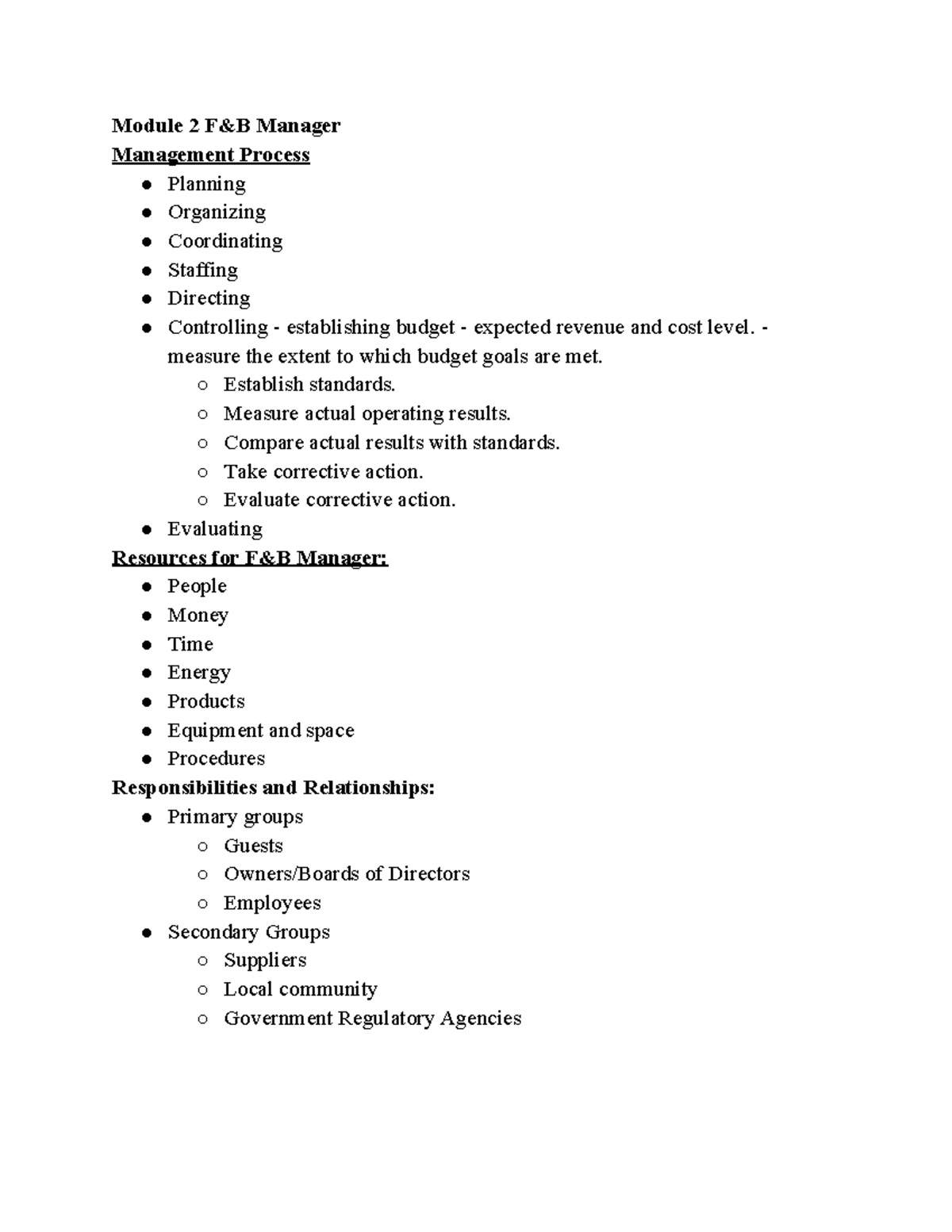 FB Manager Notes Condensed - Module 2 F&B Manager Management Process ...