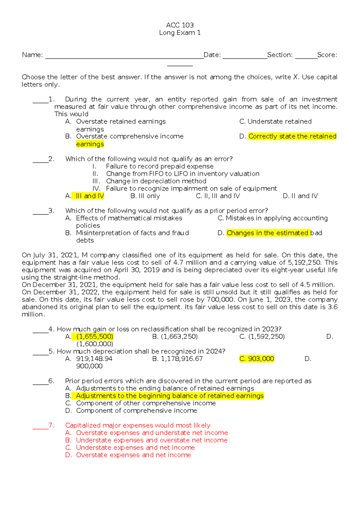 ACC 103 Long Exam 1 review questions and answers - Studocu