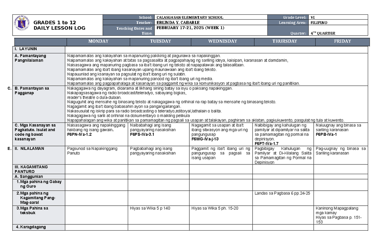 DLL Filipino 6 Q4 W1 - Daily Lesson Log for Grade VI (Feb 17-21, 2025 ...