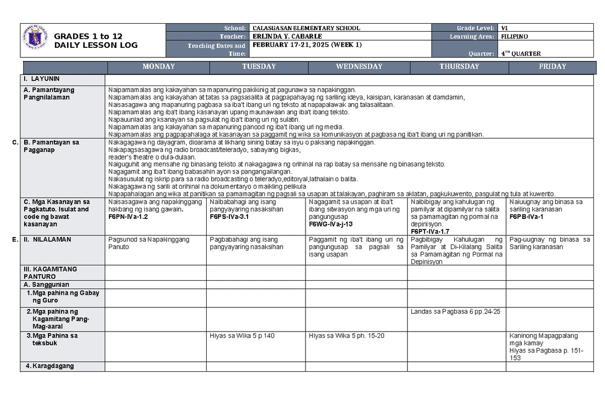 DLL Filipino 5 Q4 W2 - Week 2 Daily Lesson Plan for Grade V - Studocu
