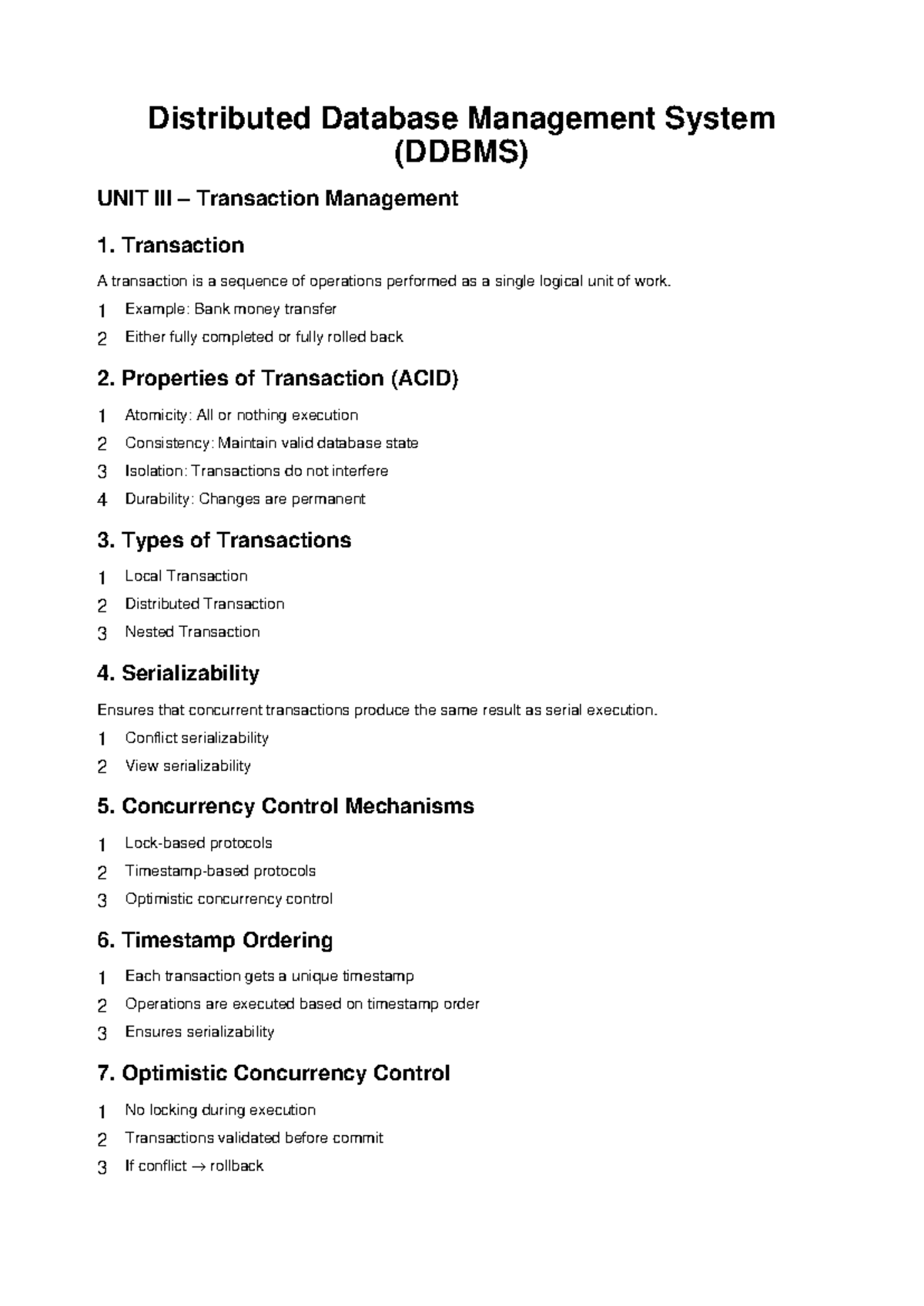 DDBMS Unit 3: In-Depth Notes on Transaction Management - Studocu