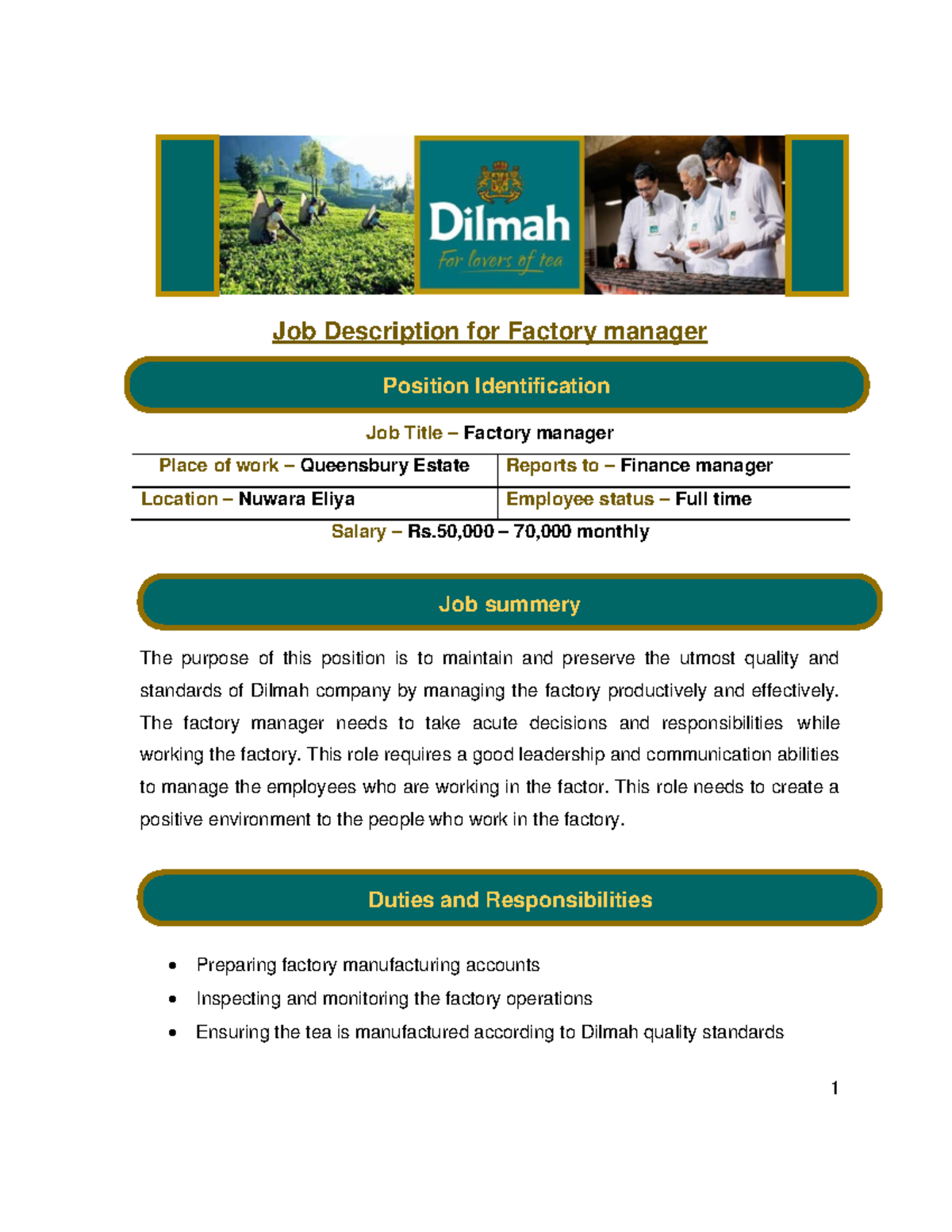 Job Description & Specification for Factory Manager Position (JD/JS ...