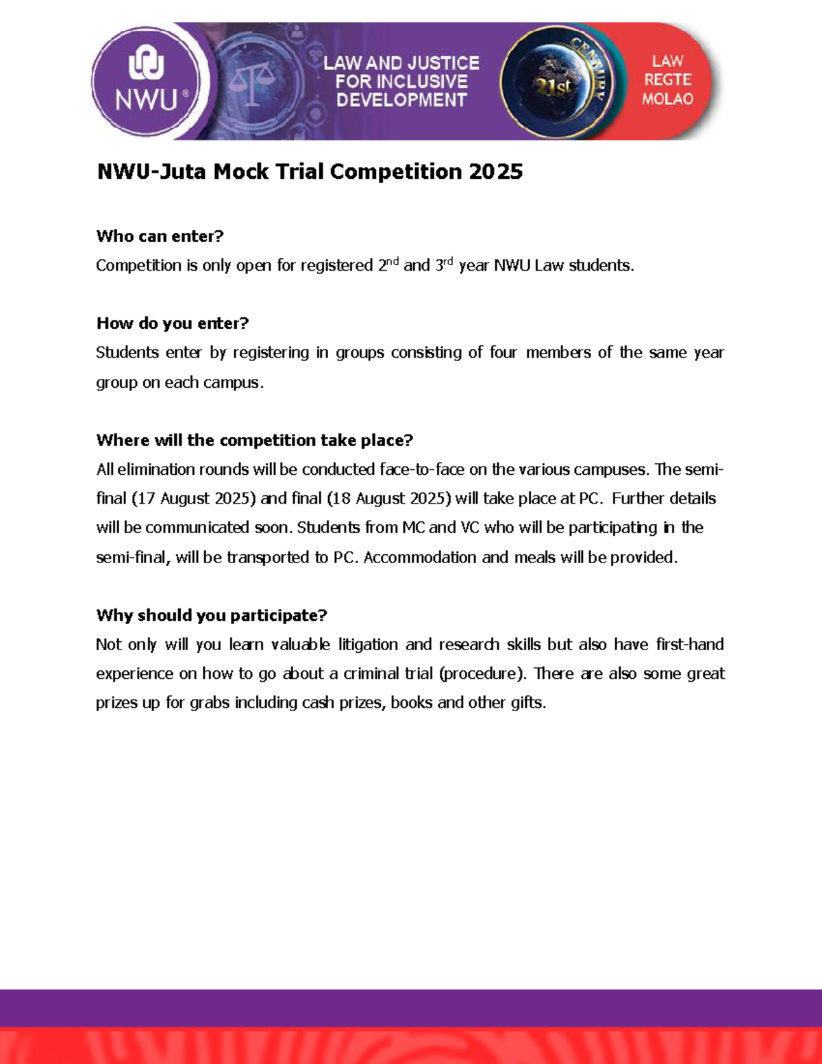 NWU Law Mock Trial Competition 2025: Rules & Entry Process - Studocu