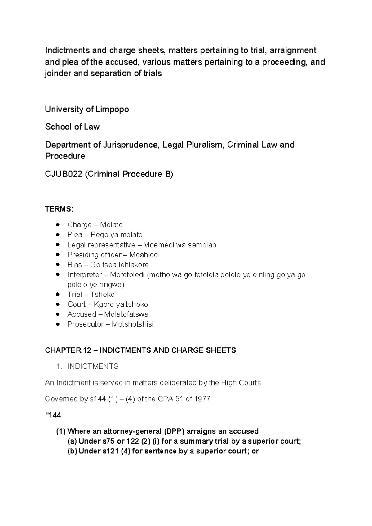 CJUB022 - Summary Notes on Indictments, Charges & Plea Procedures - Studocu