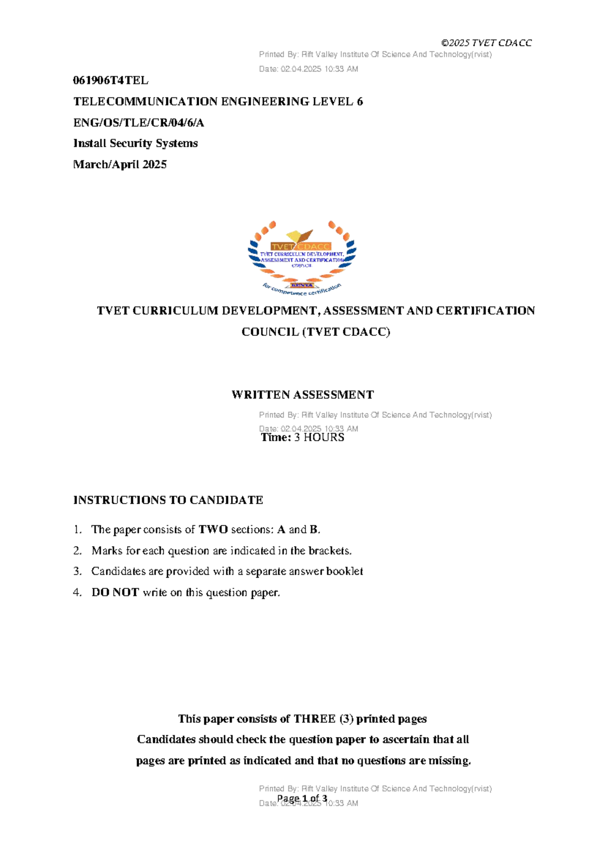 061906T4TEL Telecommunication Engineering Level 6: Install Security ...