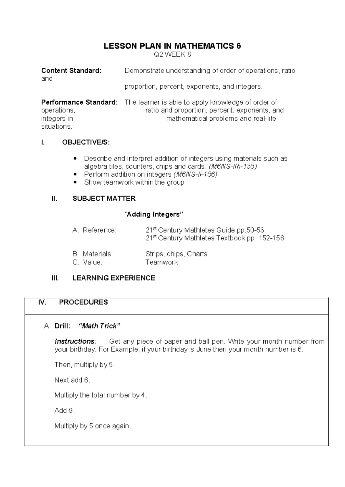 3rd Observation MATH 6 - For reference lesson plan - LESSON PLAN IN ...