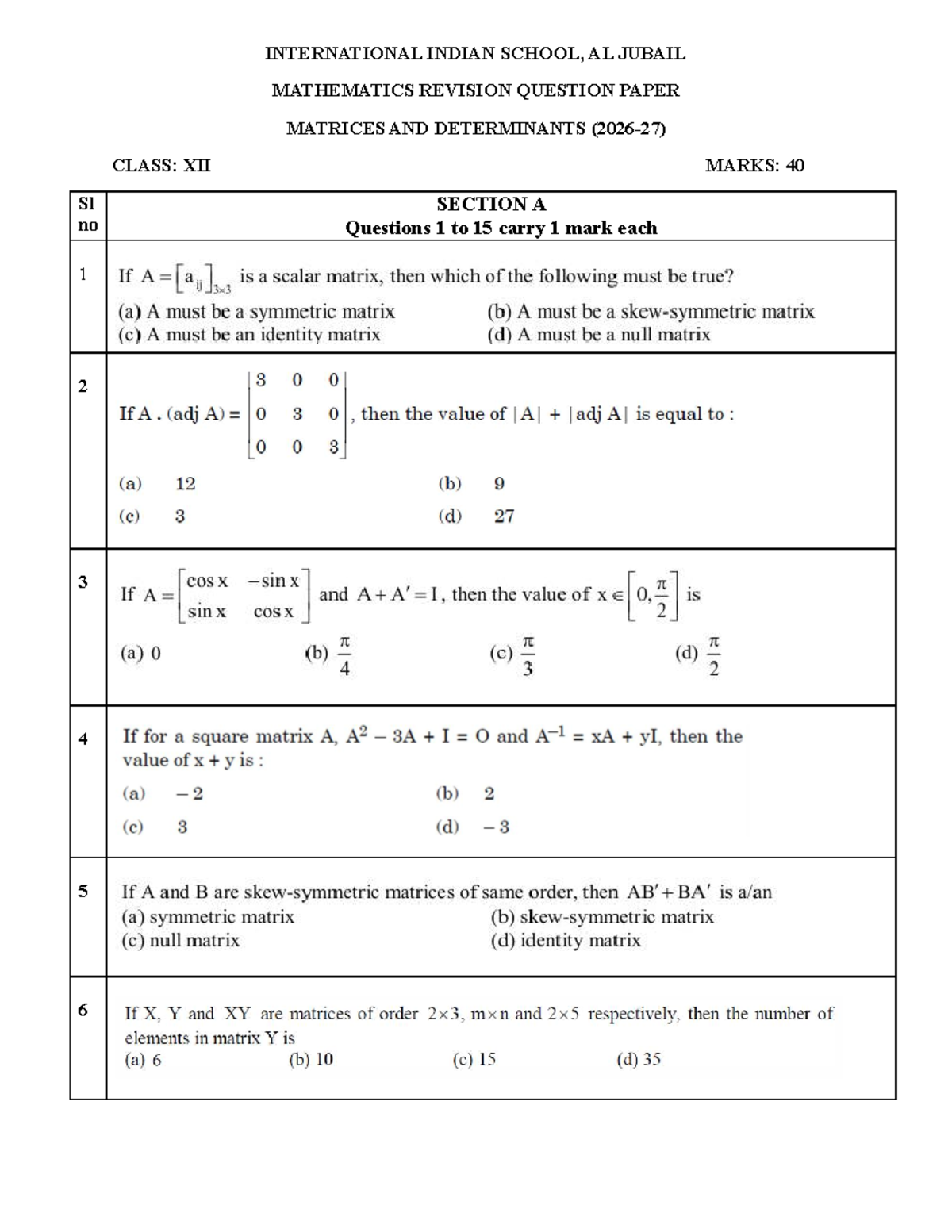 Mathematics Revision Question Paper: Matrices & Determinants Class XII ...