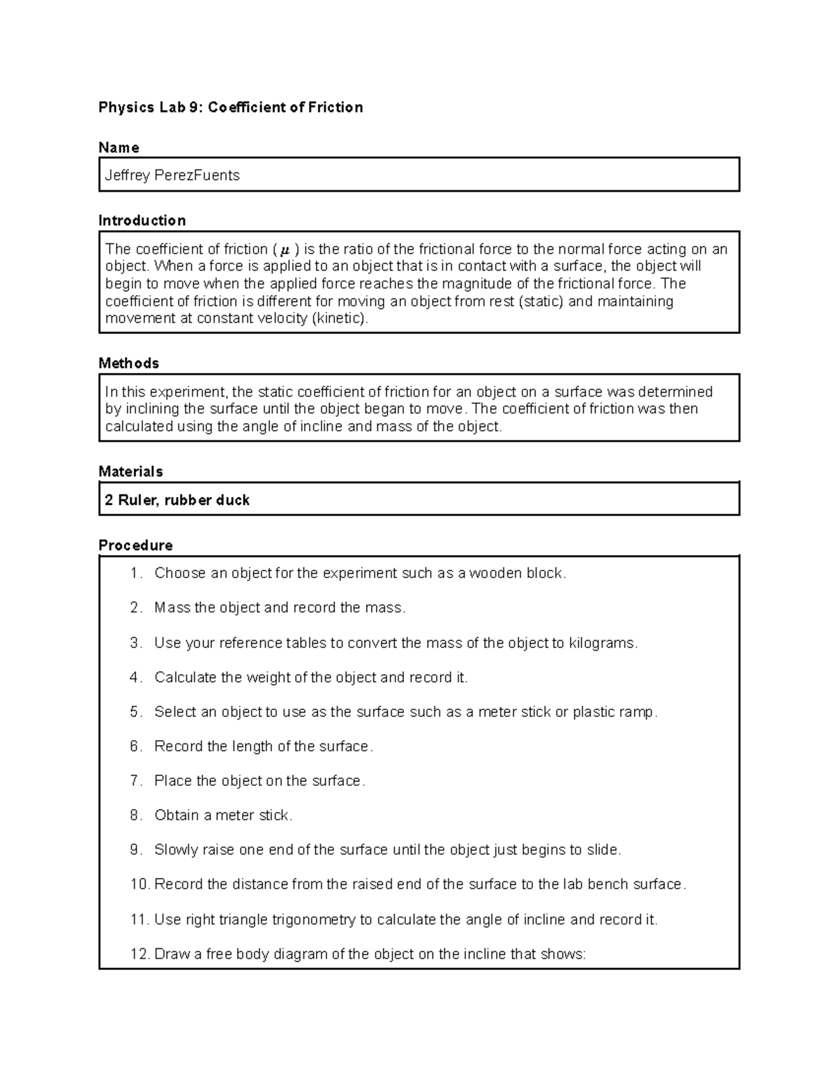 Physics Lab 9: Exploring the Coefficient of Friction (Friction Lab ...