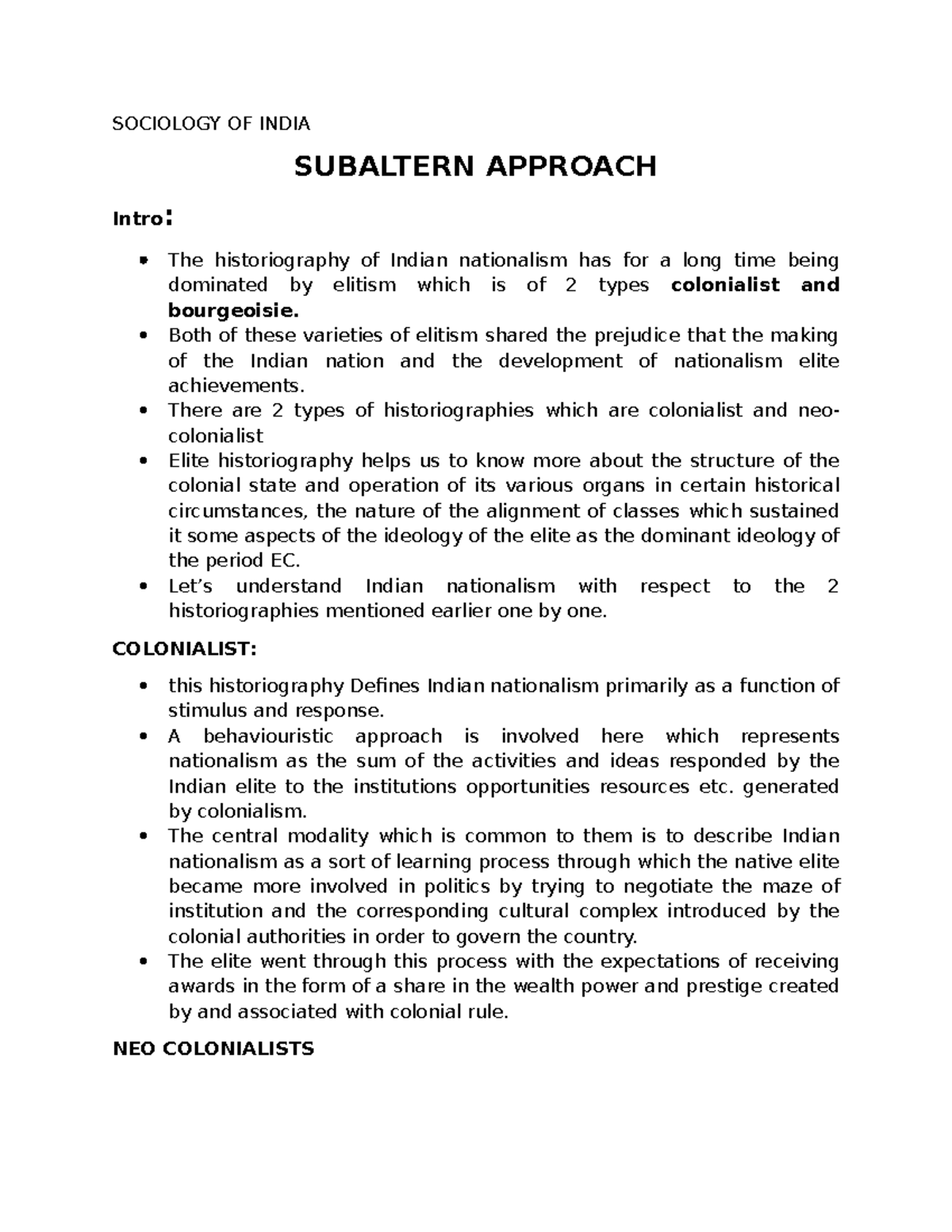 SOCIOLOGY OF INDIA: Subaltern Approach Analysis and Critique - Studocu