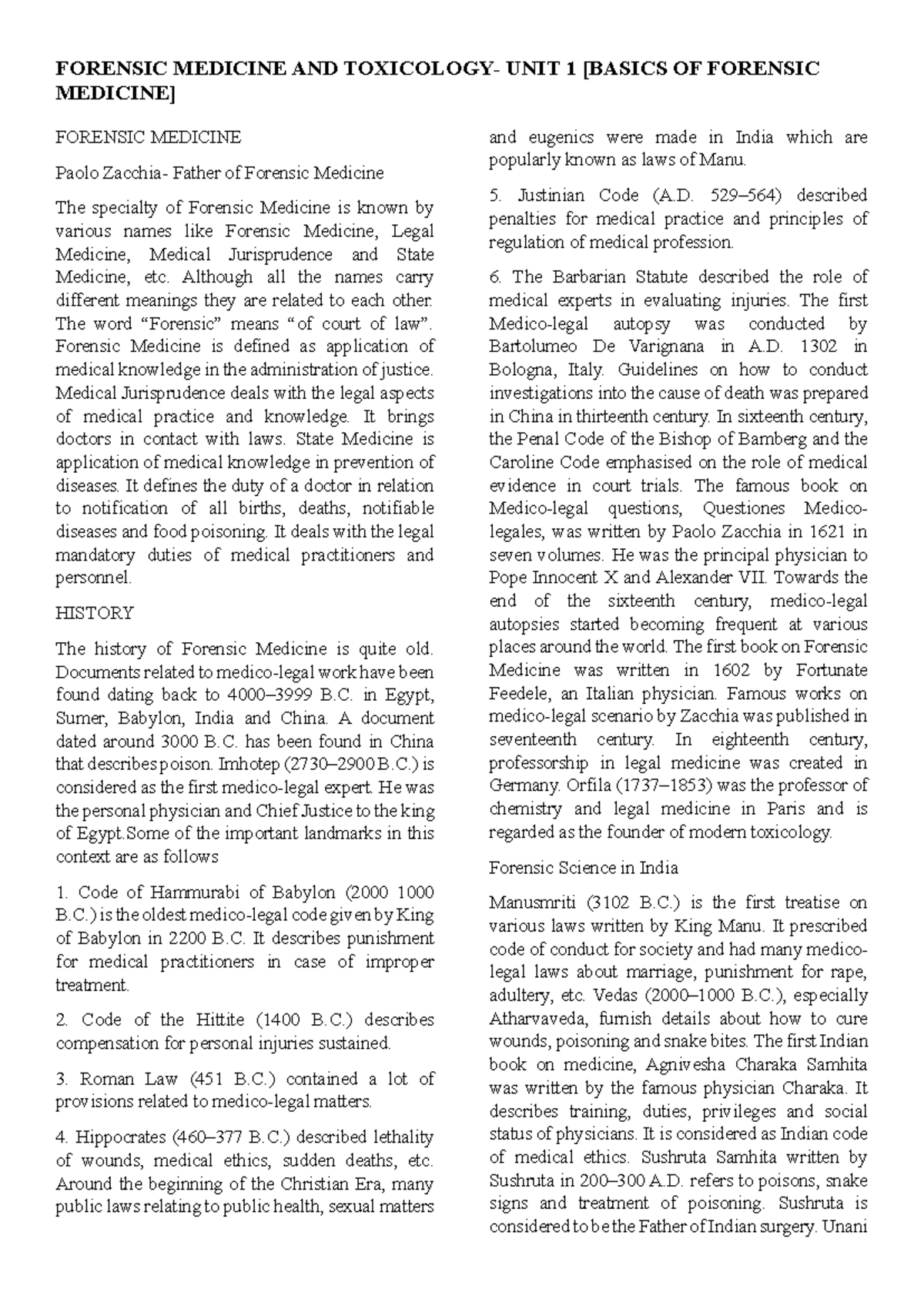Forensic Medicine Unit 1: Historical Insights and Legal Implications ...