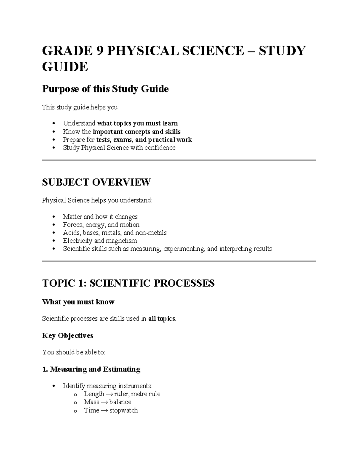 Grade 9 Physical Science Study Guide: Key Concepts & Skills - Studocu