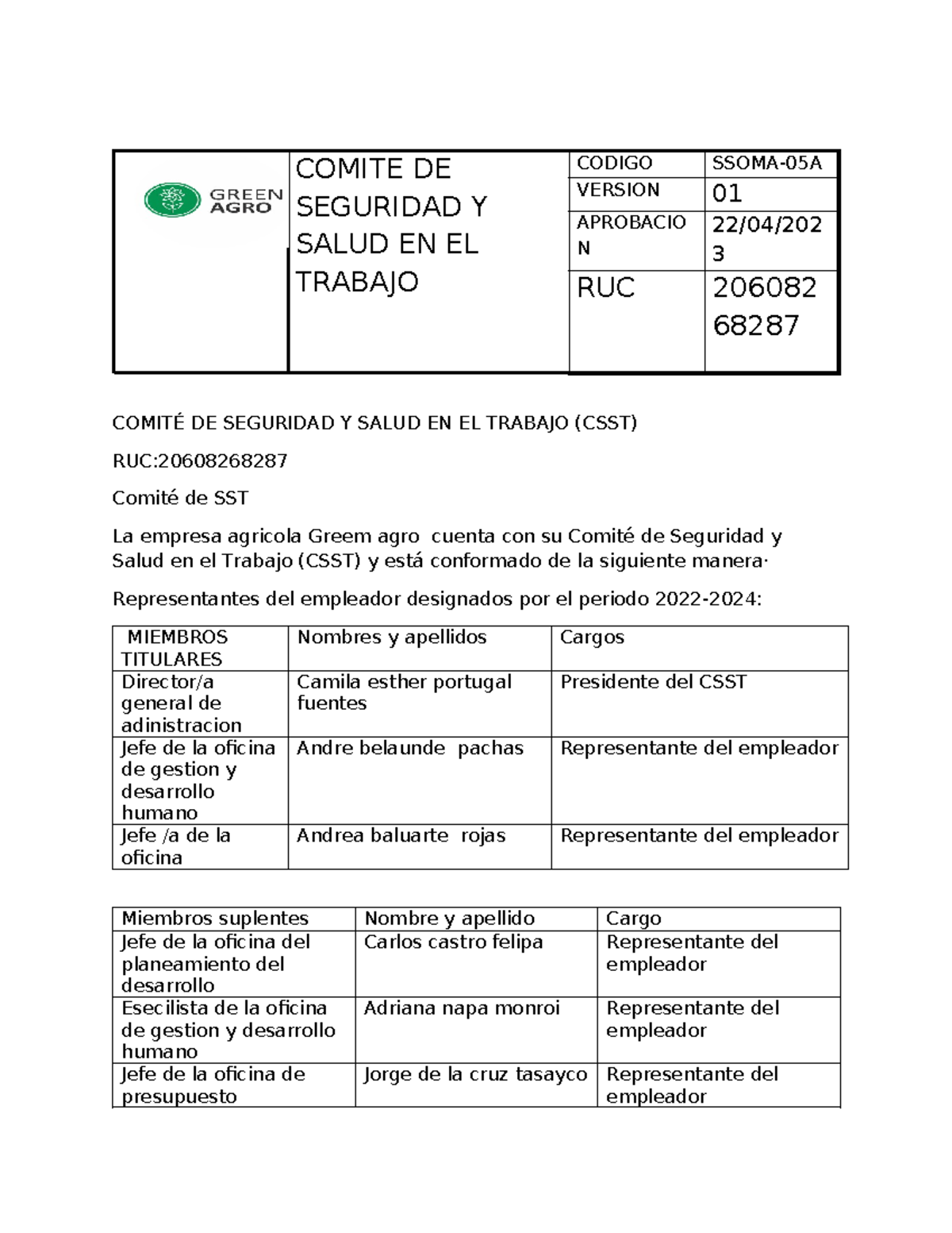 Comité de Seguridad y Salud en el Trabajo (CSST) - RUC 20608268287 ...