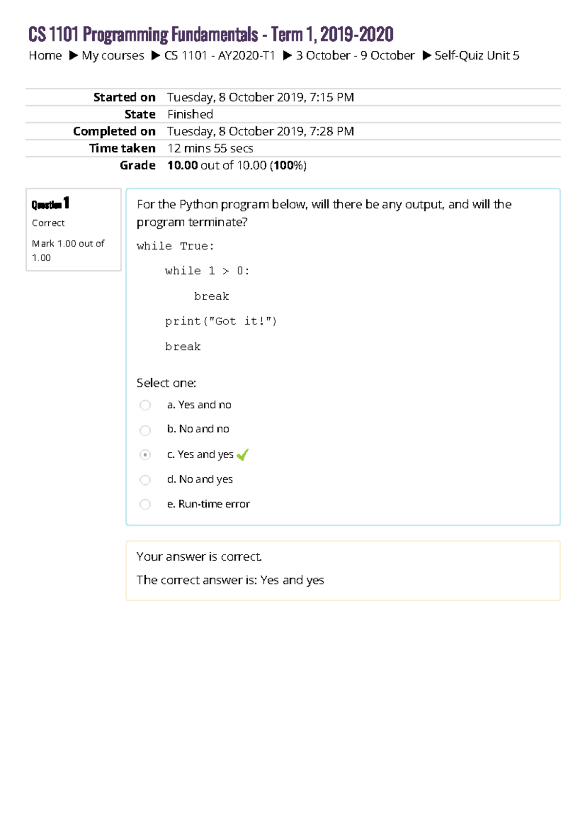 Self-Quiz Unit 5 - sef-quiz for unit 5 - Home My courses CS 1101 ...