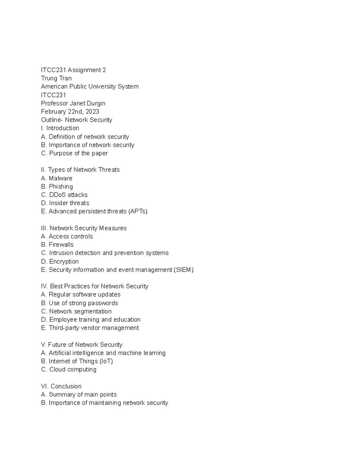 ITCC231 Assignment 2 - Introduction A. Definition of network security B ...
