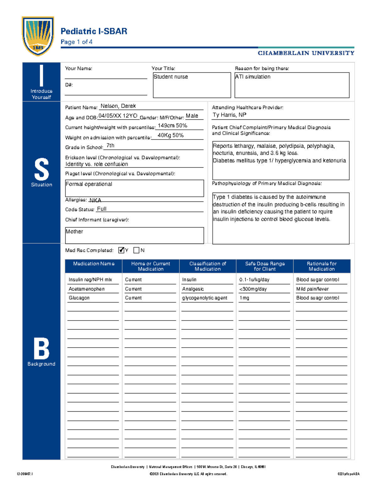 Pediatric Nursing Care ISBAR: Type 1 Diabetes Management Notes - Studocu