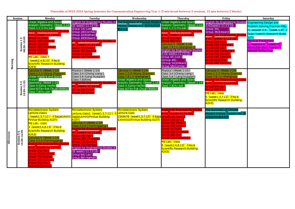 2023-2024 Year 1 CE Spring Semester Timetable Overview - Studocu