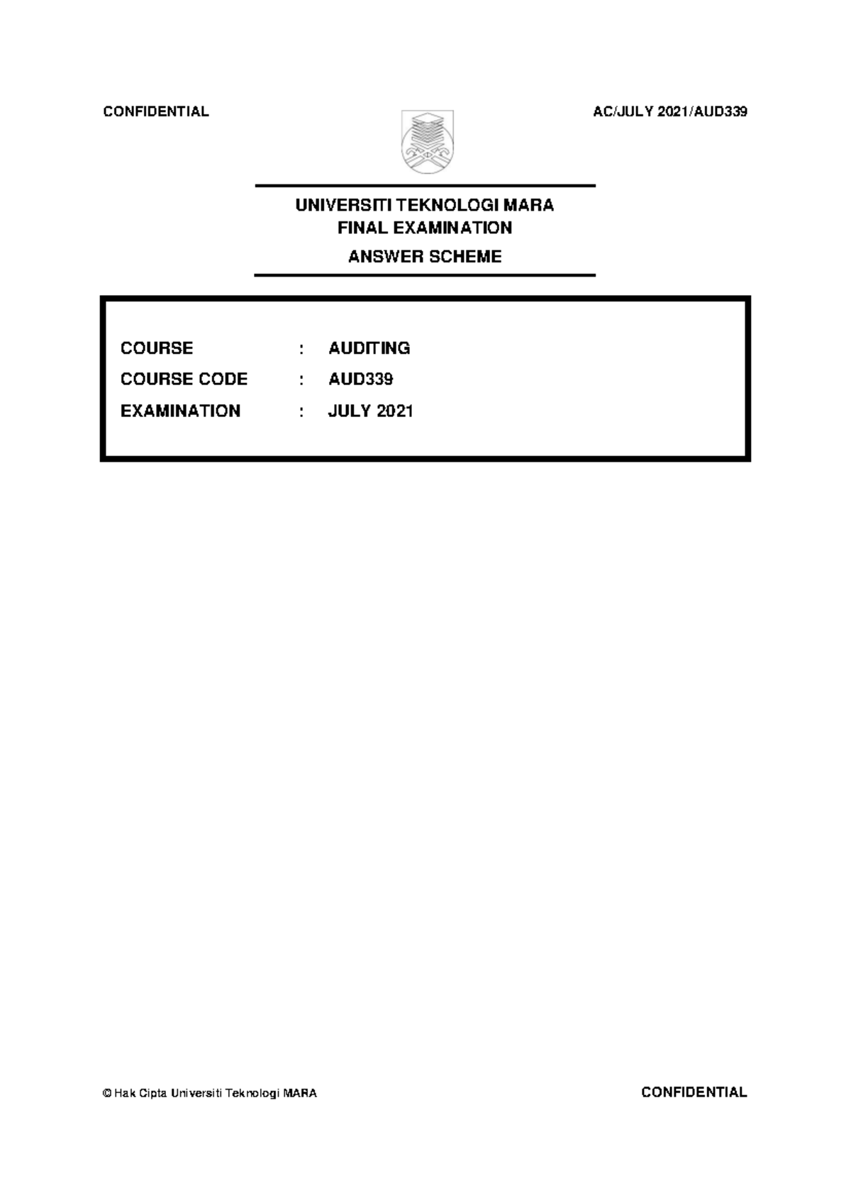 AUD339 Final Exam Answer Scheme - Auditing July 2021 - Studocu