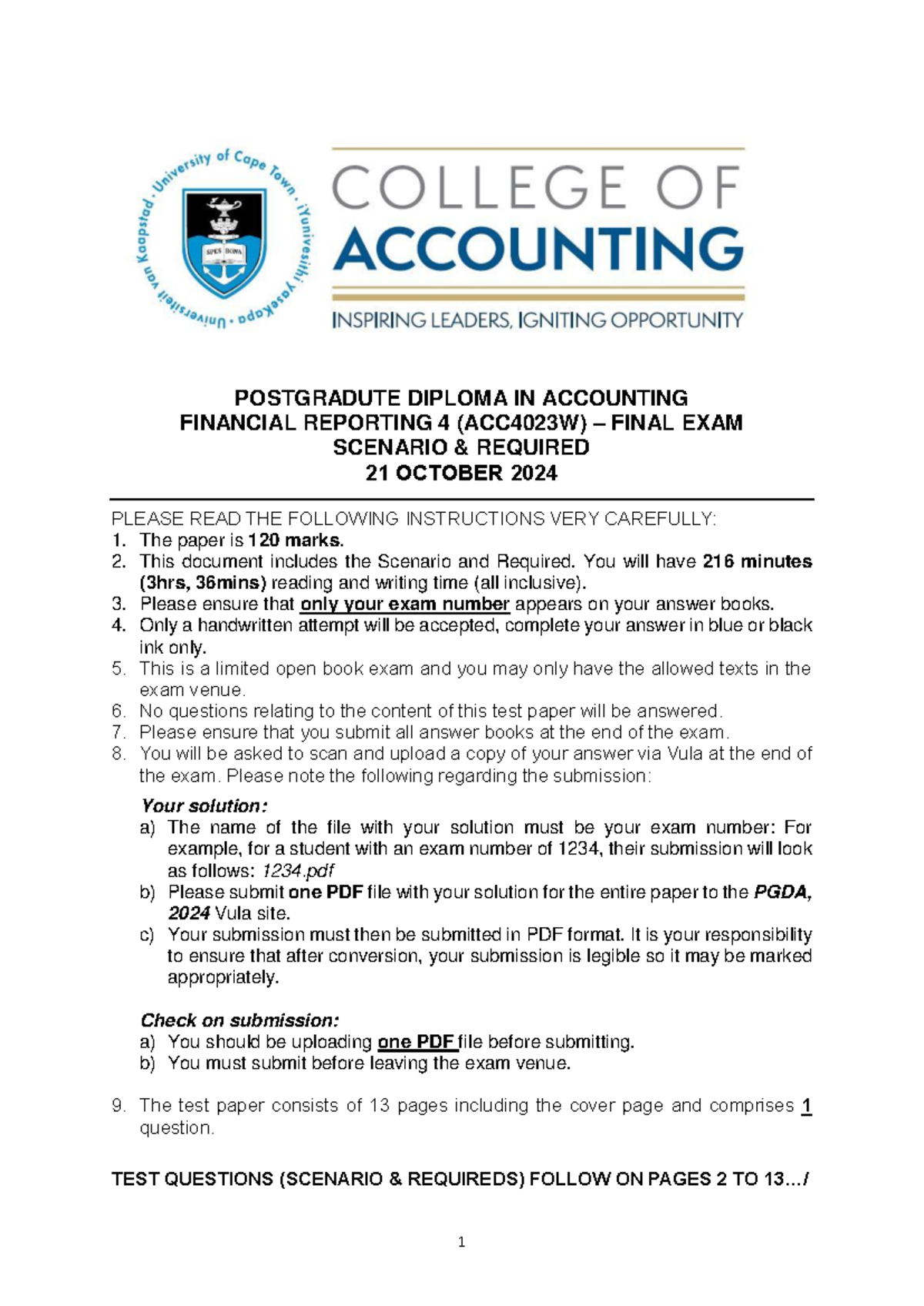 FR4 (ACC4023W) Final Exam Paper: Financial Reporting Scenario - 21 Oct ...