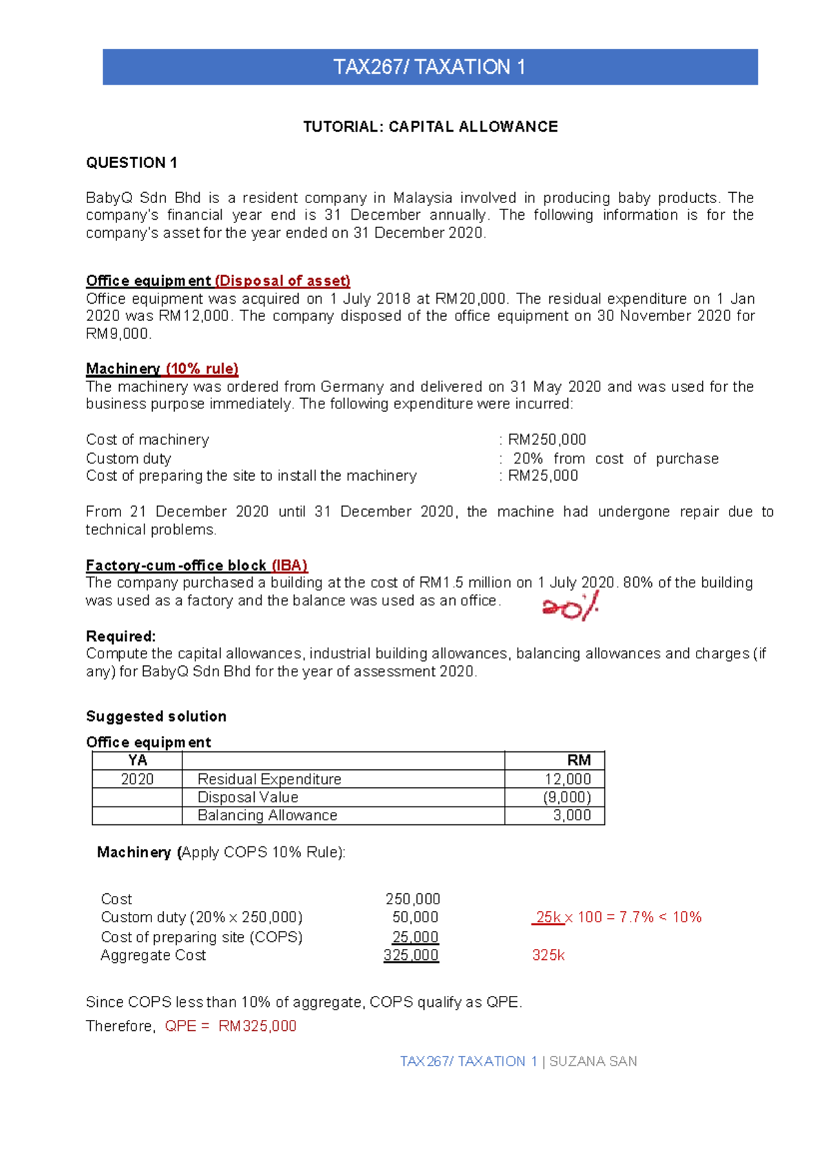 TAXATION 1 TUTORIAL: CAPITAL ALLOWANCES & IBA CALCULATIONS - Studocu