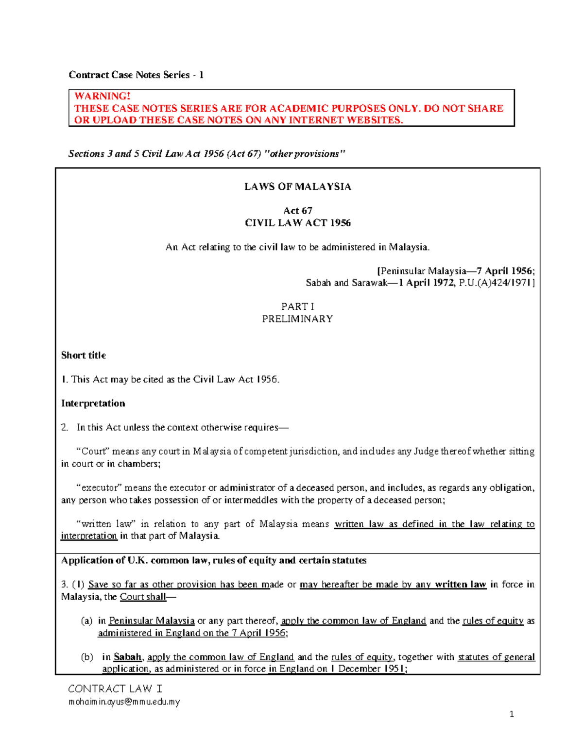 Case Notes - Intro to Malaysian Contract Law (CIVIL LAW I) - Studocu