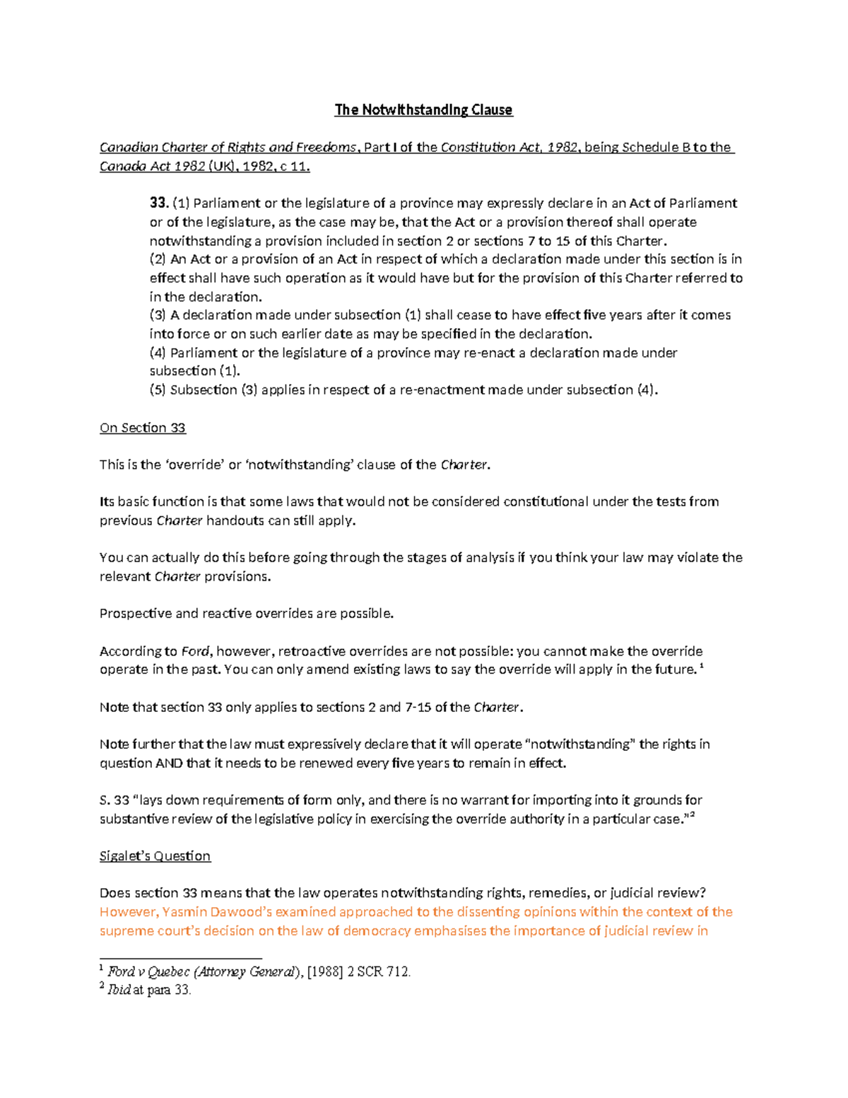 Notwithstanding Clause Overview Handout: Understanding S. 33 of the ...