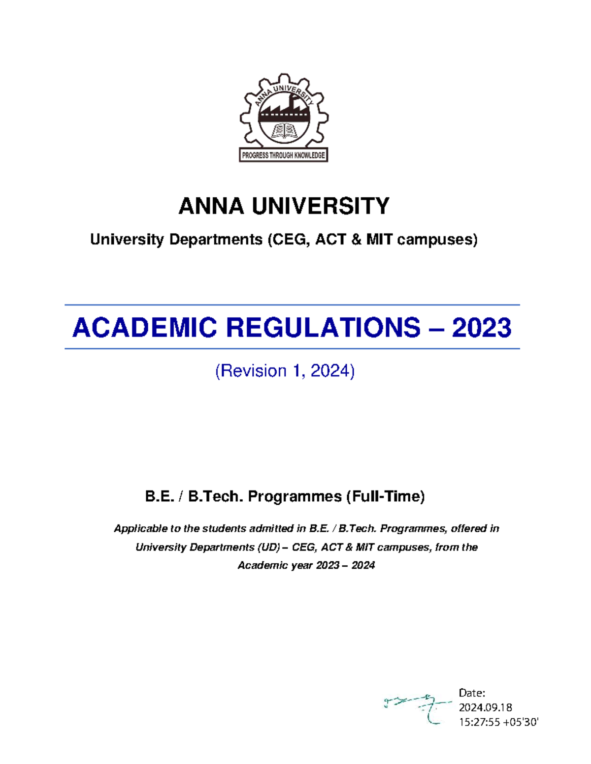 B.E. B.Tech. Academic Regulations 2023 (Revision 1, 2024) - Anna ...
