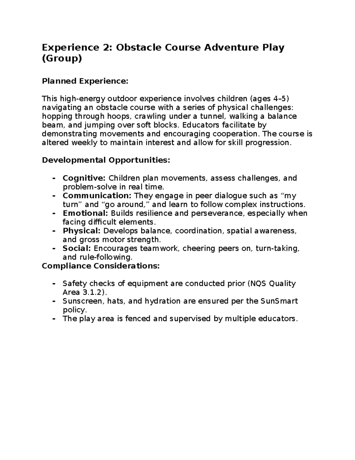 Experience 2: Obstacle Course Adventure Play - Lesson Plan - Studocu