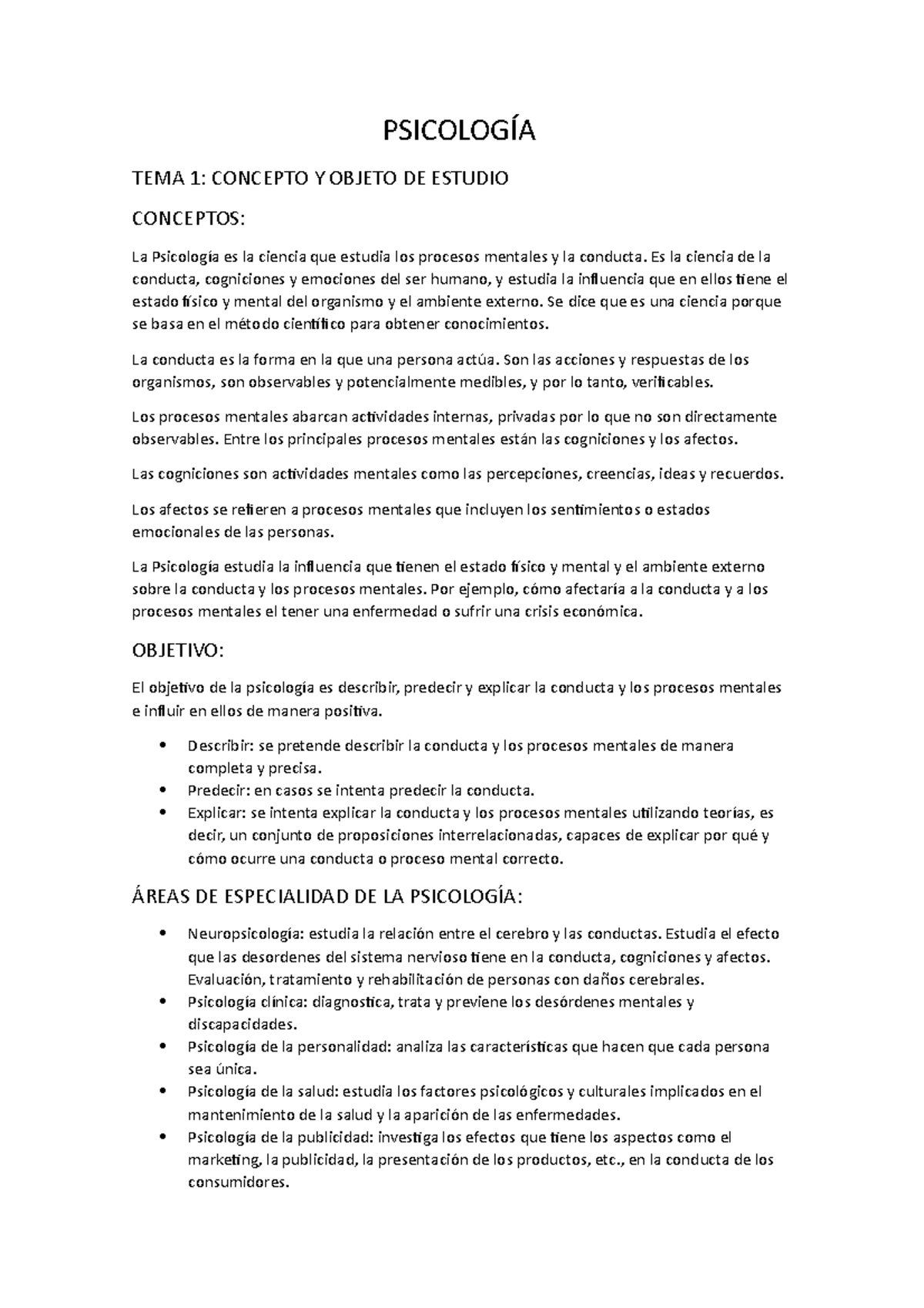 TEMA 1 Psicología - Apuntes 1 - PSICOLOGÍA TEMA 1: CONCEPTO Y OBJETO DE ...