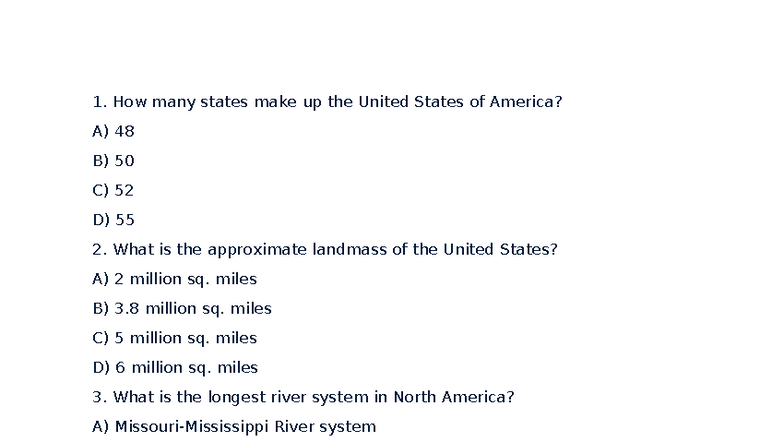 Test America - 70 Questions on Geography and History - Studocu