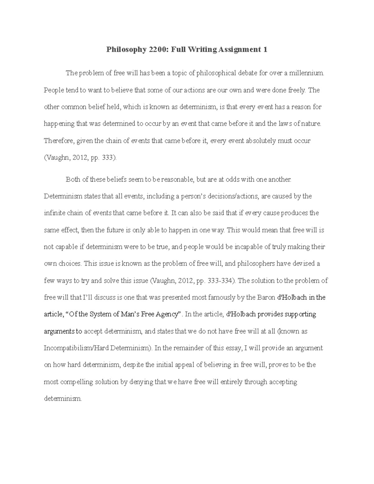 PHIL 2200 Full Writing Assignment: The Challenge of Free Will - Studocu