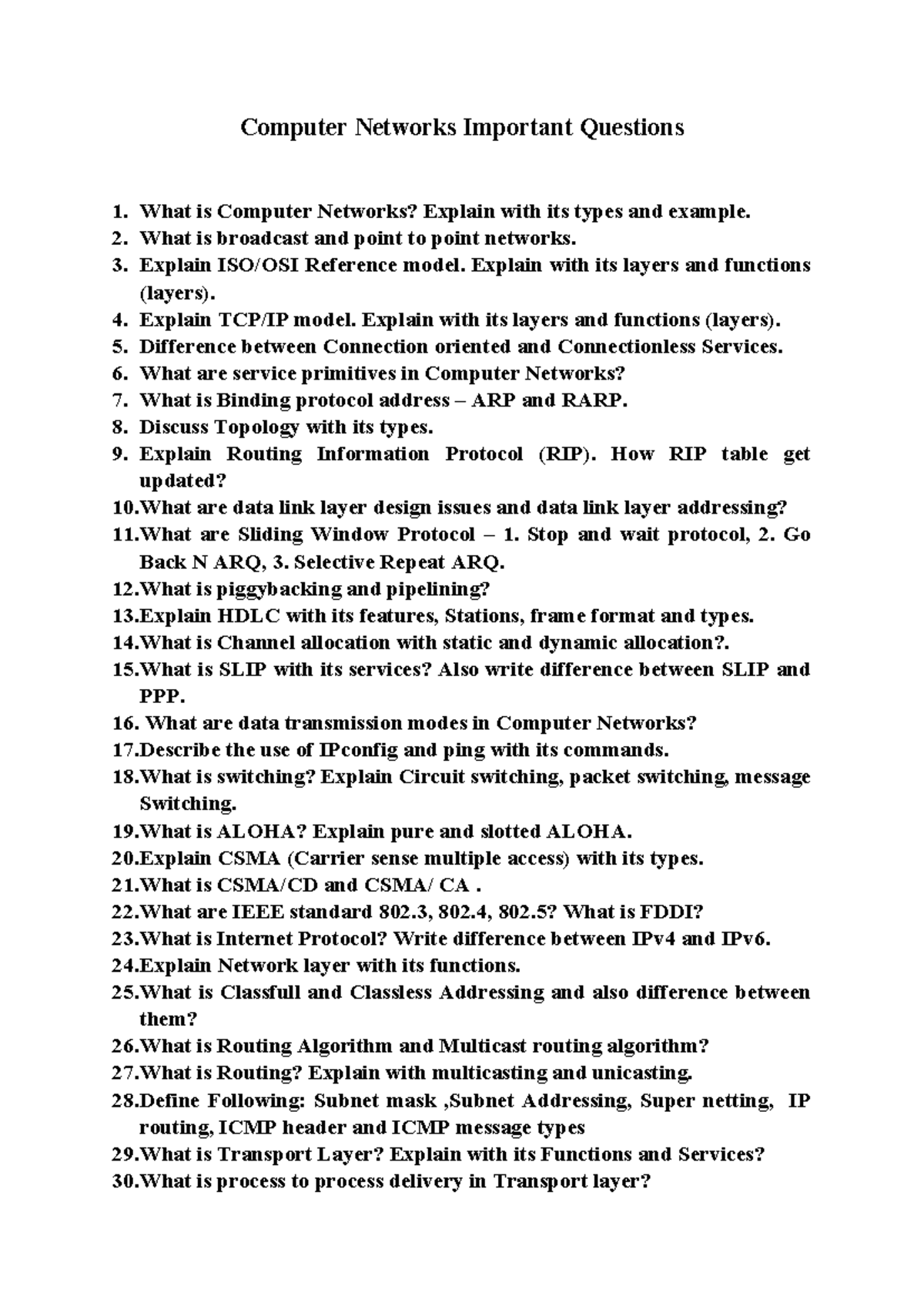 CN Important questions - Computer Networks Important Questions What is ...