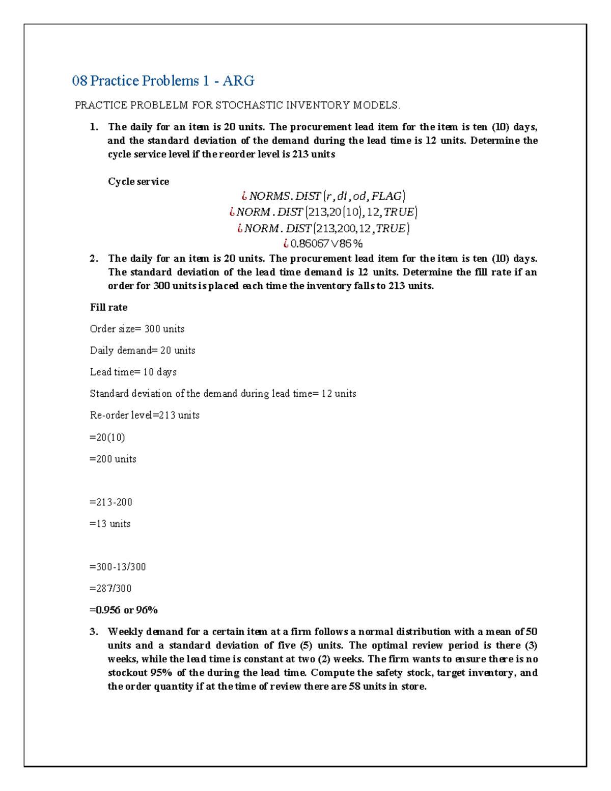 Inventory 08 Practice Problems: Stochastic Models & Calculations - Studocu