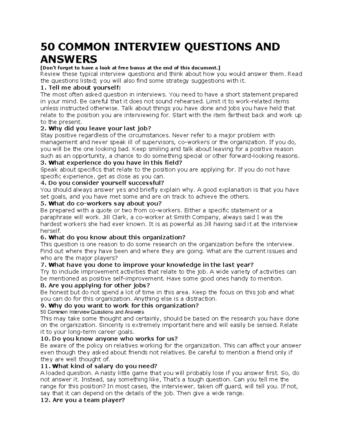 50 Common Interview Questions & Answers: Strategies for Success - Studocu