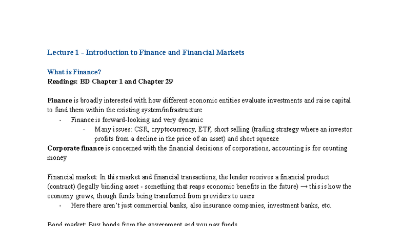 FINC2011 Lecture Notes: Introduction to Finance & Financial Markets ...