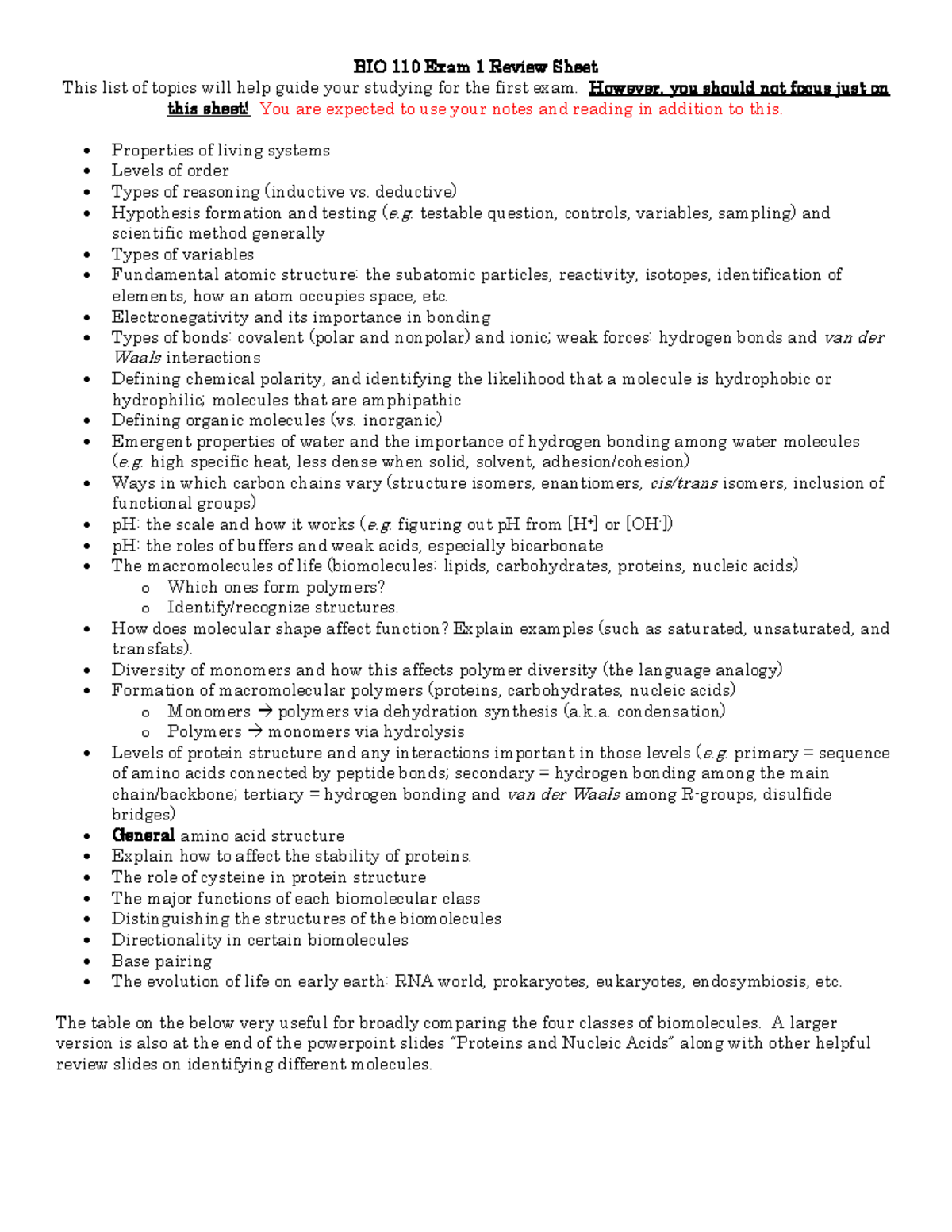 BIO 110 Exam 1 Comprehensive Review Topics Guide - Studocu