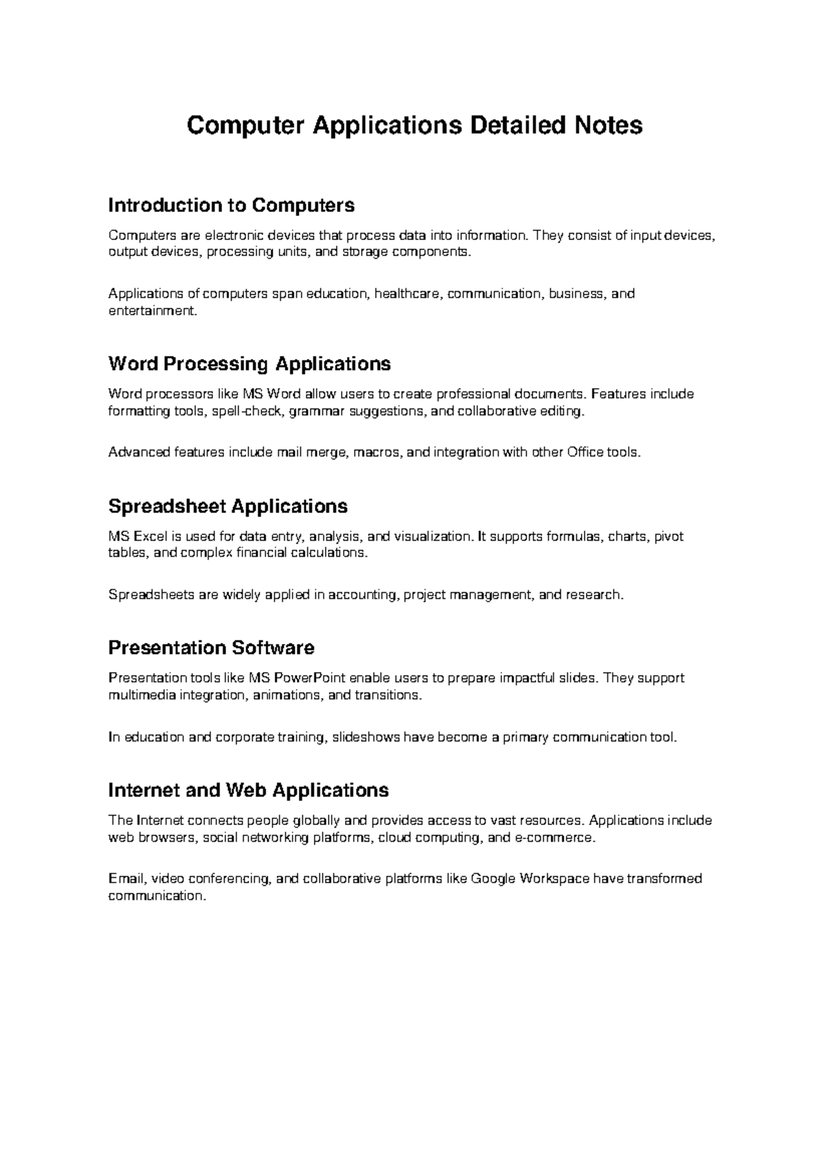 Computer Applications Detailed Notes: Intro to Computers - Studocu