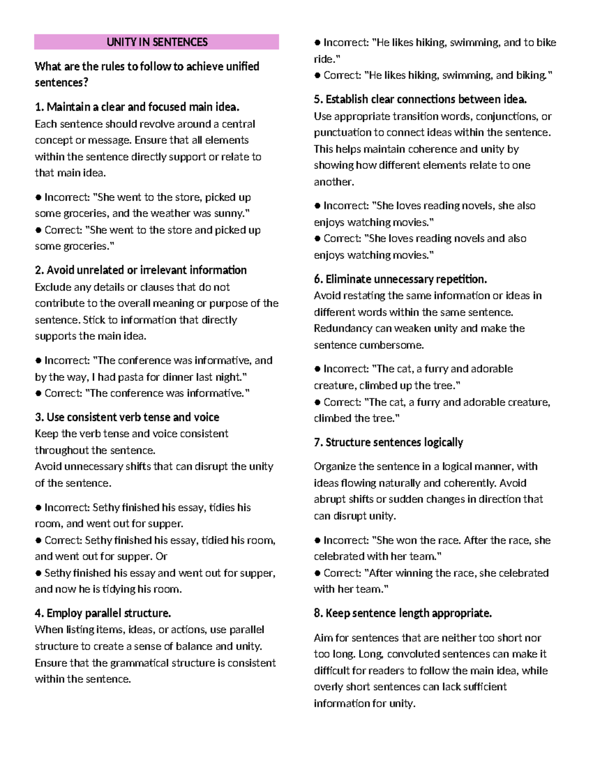 UNITY IN SENTENCES: Rules for Achieving Sentence Cohesion in EL1 - Studocu