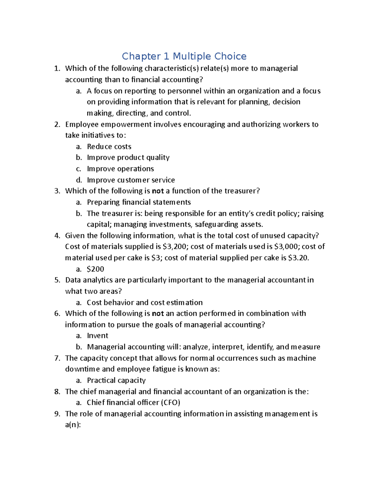 Chapter 1 MCQs: Managerial Accounting Questions & Exercises - Studocu