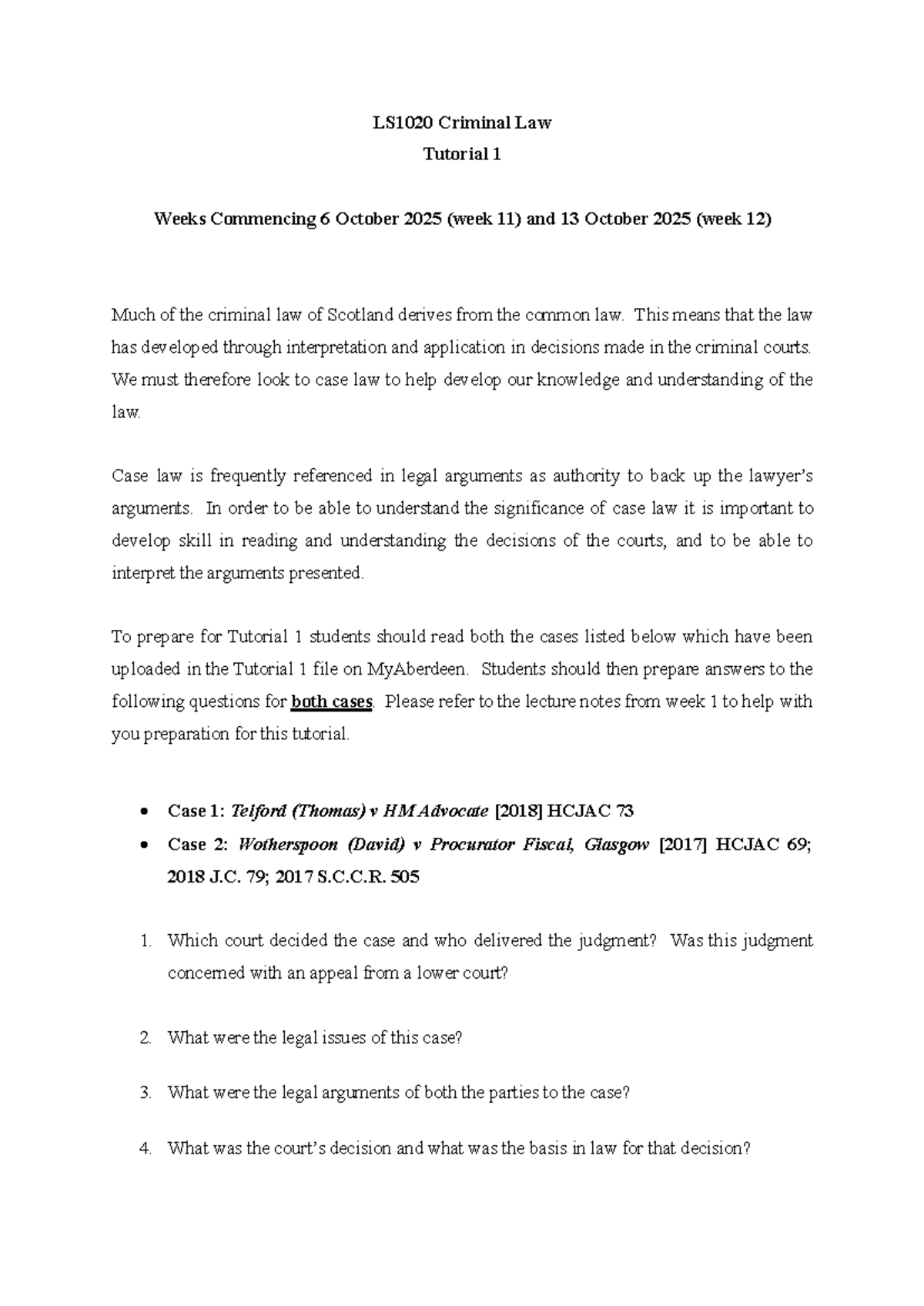 LS1020 Criminal Law Tutorial 1: Case Law Analysis for Weeks 11-12 - Studocu