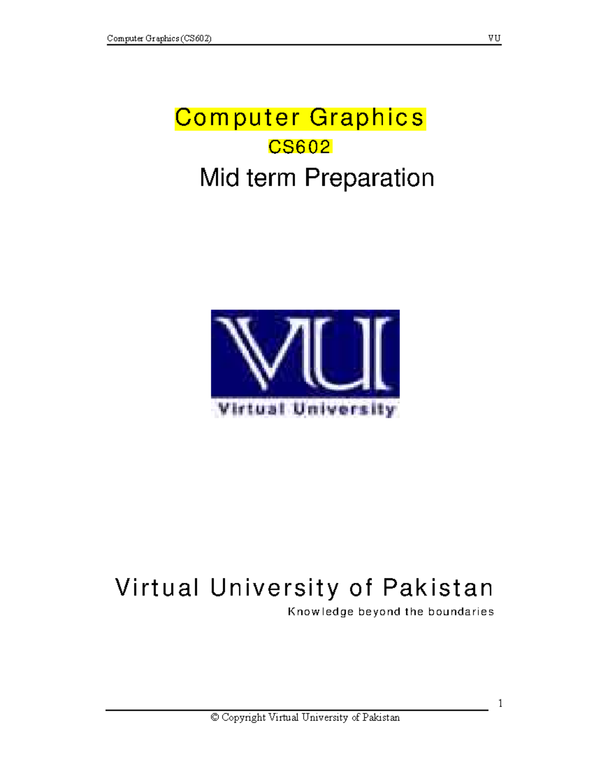 Computer Graphics (CS602) VU Midterm Study Notes and Handouts - Studocu