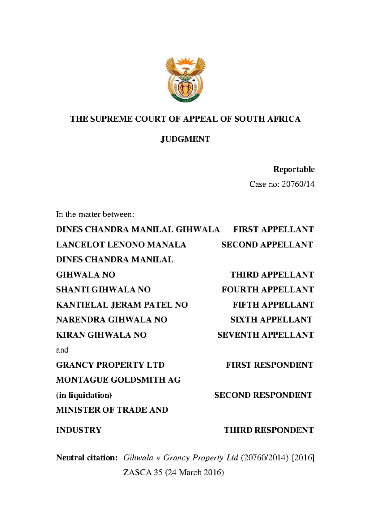 Gihwala v Grancy Property Ltd ZASCA 35 Judgment Summary (2016) - Studocu