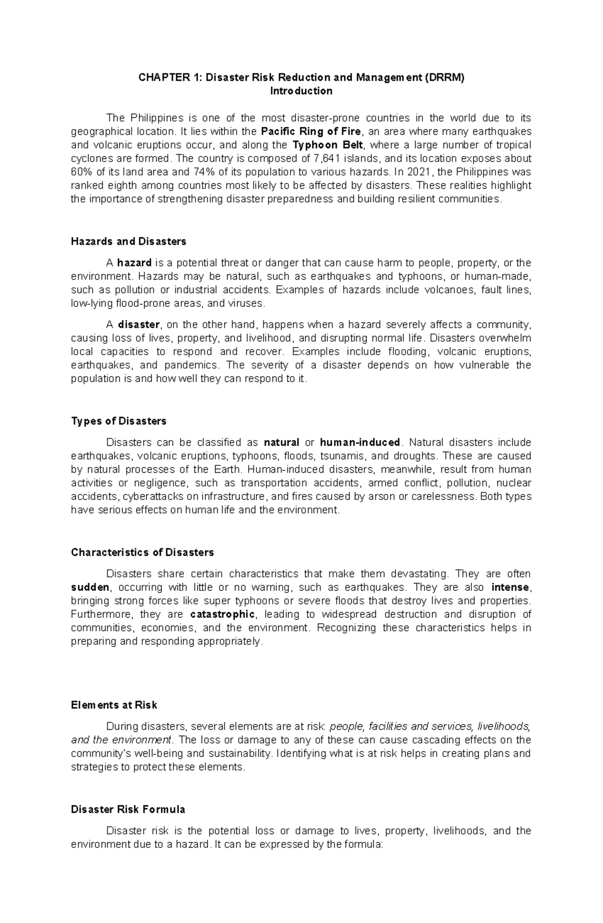 DMH - Chapter 1: Disaster Risk Reduction & Management Overview - Studocu