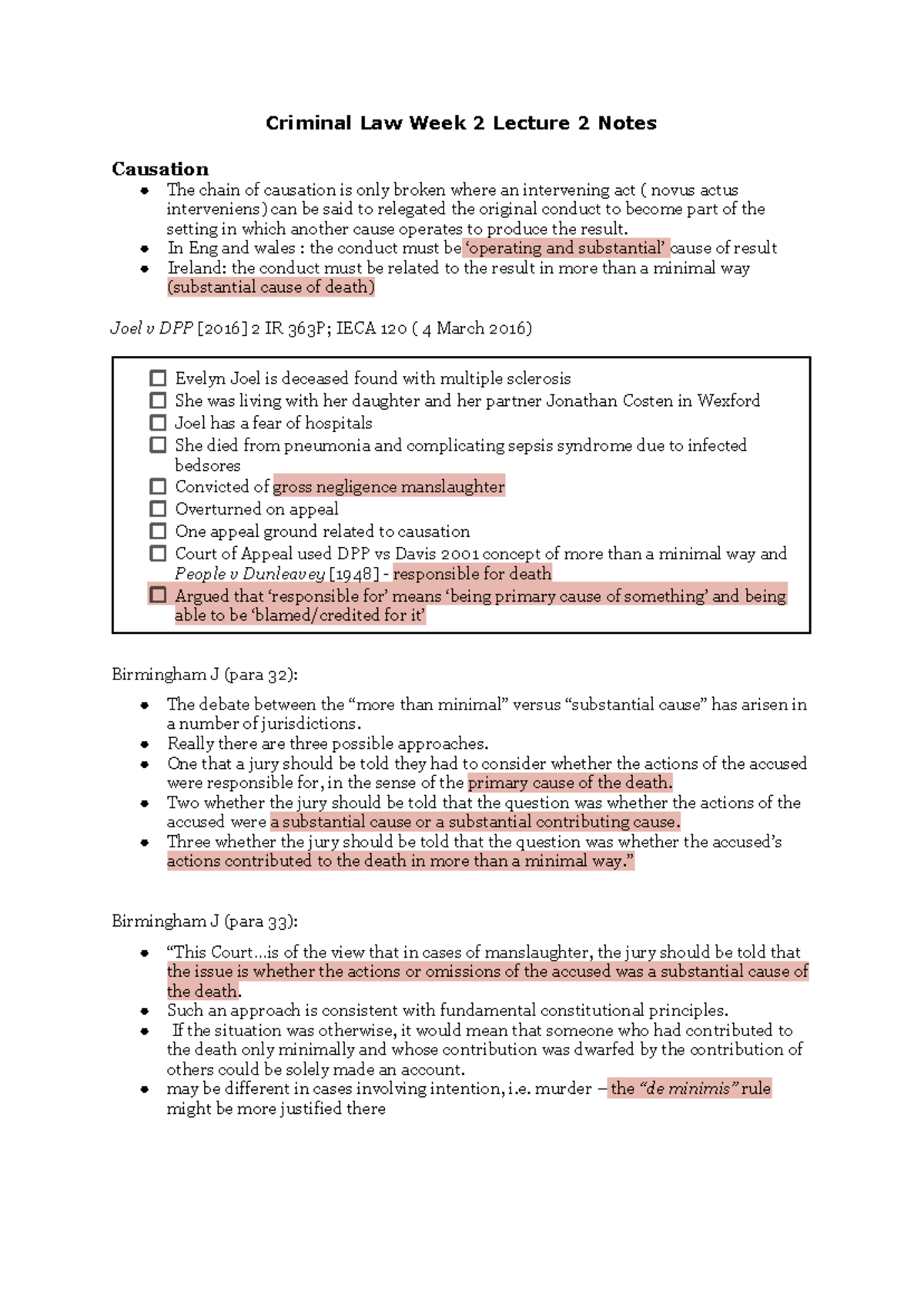 Criminal Law CL202 Week 2 Lecture Notes on Causation and Case Law - Studocu