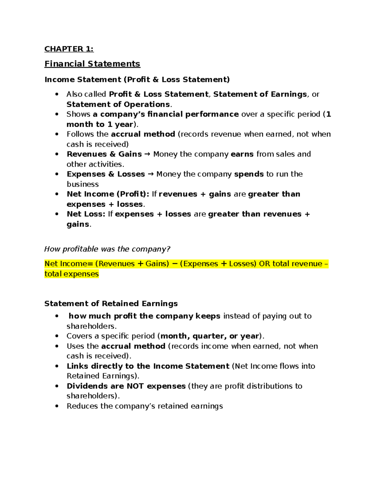 Accounting chapter 1 review - CHAPTER 1: Financial Statements Income ...