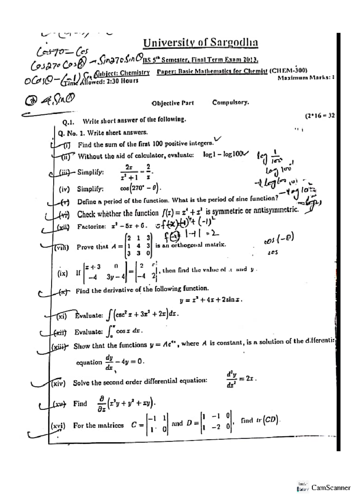 University of Sargodha BS 5th Semester, Basic Mathematics for Chemists ...