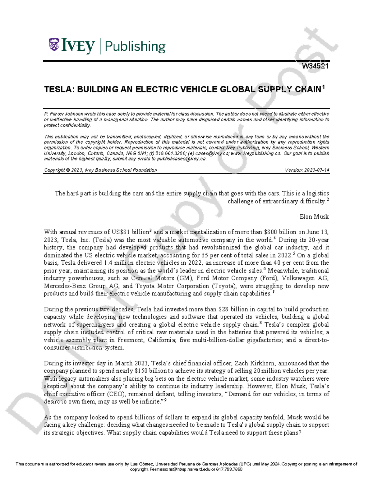 Case Study W34521: Tesla's Global Electric Vehicle Supply Chain ...