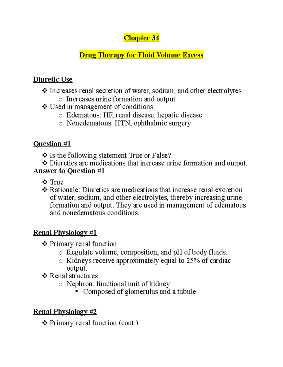 Pharm Chapter 34: Drug Therapy and Diuretic Use in Fluid Volume Excess ...