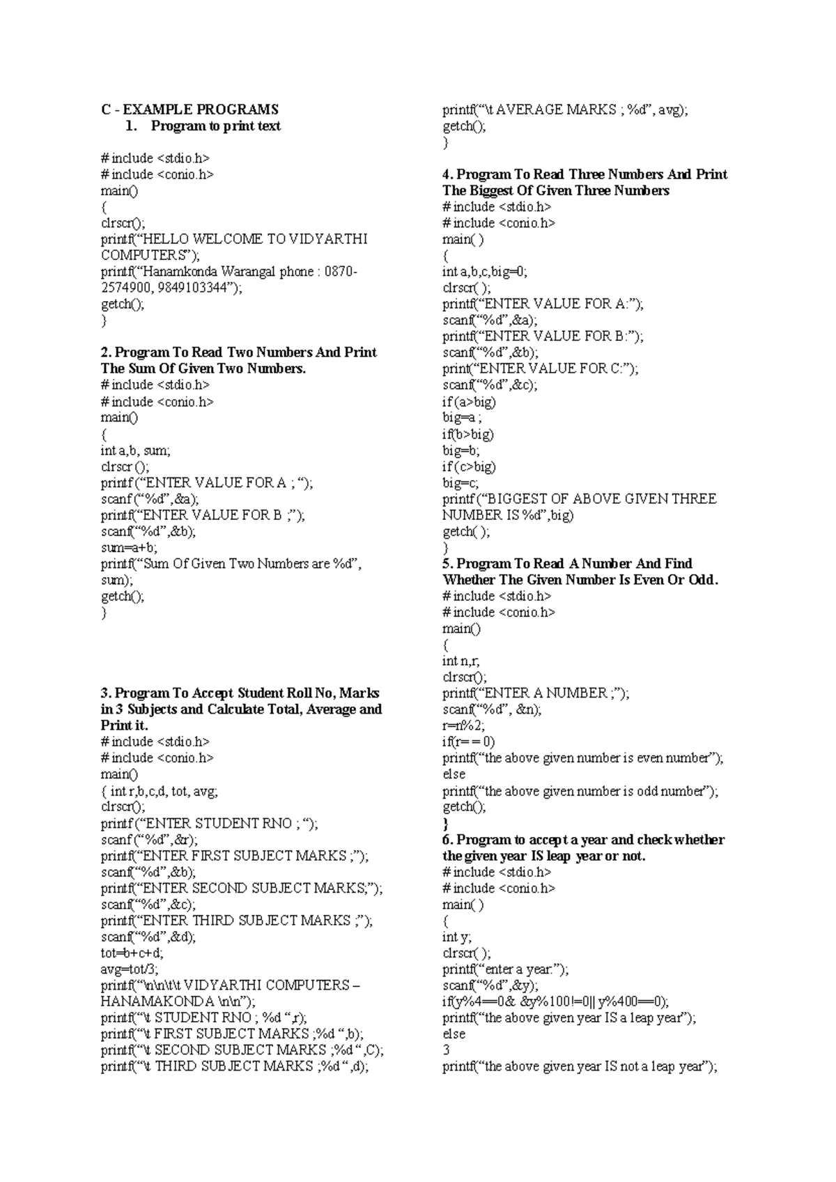 C Programming Example Programs: Basics and Functions - Studocu