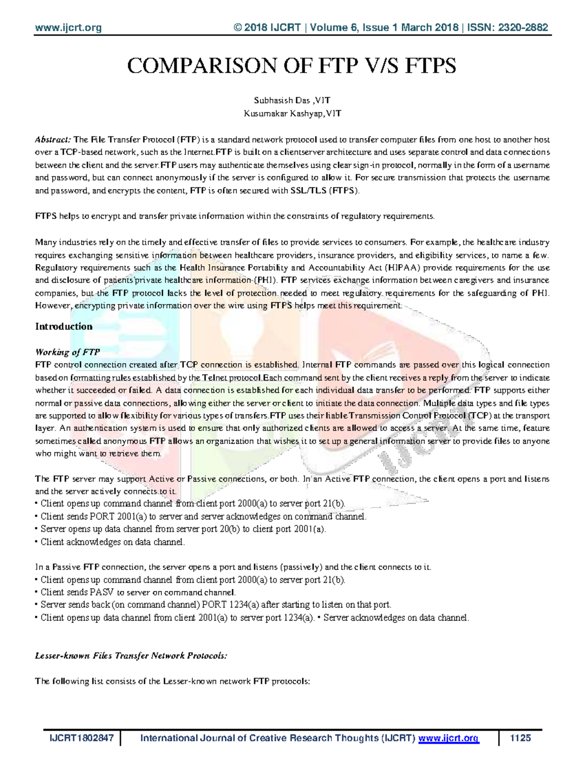 Comparison of FTP and FTPS: Security in File Transfers (IJCRT1802847 ...